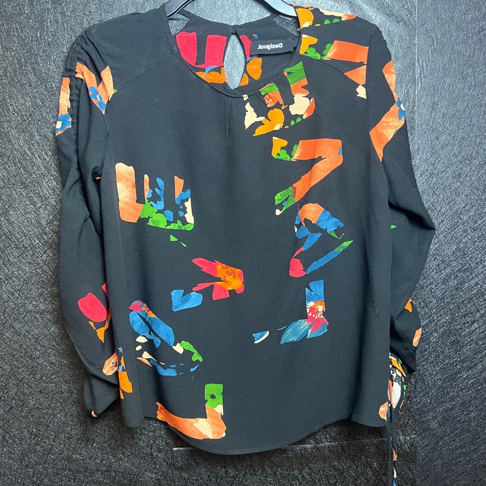 Desigual Black Blouse with Multicolor Abstract Print LOVE